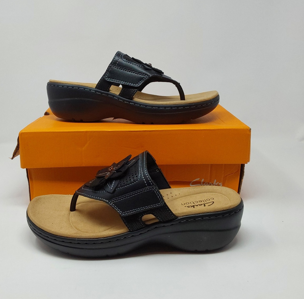 Clarks Merliah2 Kyla Womens 7.5 Black Leather Floral Wedge Sandals 26187085